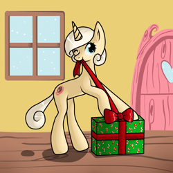 Size: 900x900 | Tagged: safe, artist:sakwc, derpibooru import, oc, oc only, pony, unicorn, bow, present, snow, snowfall