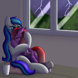 Size: 3000x3000 | Tagged: safe, artist:xcinnamon-twistx, oc, oc:hooklined, oc:rosebud, earth pony, pegasus, pony, comforting, commission, crying, cuddling, cup, female, hug, long hair, mare, night, rain, thunder, thunderstorm