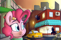 Size: 1920x1250 | Tagged: safe, artist:perezadotarts, pinkie pie, earth pony, pony, awning, bakery, bridge, building, car, city, cityscape, cloud, eye, eyes, figure, happy birthday mlp:fim, lamp, lamppost, light, lights, microsoft, mlp fim's ninth anniversary, pencil, police car, road, shop, sidewalk, sky, smiling, street, taxi, vehicle, windows