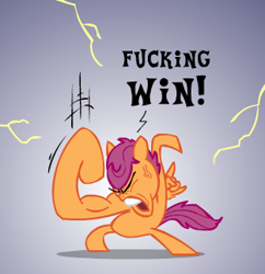 Size: 312x322 | Tagged: safe, derpibooru import, scootaloo, ax brutaloo, image macro, reaction image, vulgar, win