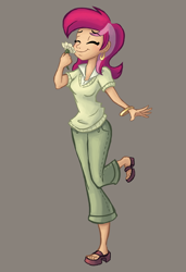 Size: 542x792 | Tagged: safe, artist:ric-m, derpibooru import, roseluck, human, cute, cuteluck, ear piercing, earring, eyes closed, feet, female, flower, gray background, humanized, jewelry, piercing, sandals, simple background, smiling, solo, toes