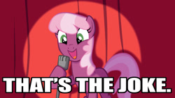 Size: 1600x900 | Tagged: safe, derpibooru import, cheerilee, earth pony, pony, cheerilee pun, curtain, exploitable meme, female, green eyes, mare, meme, microphone, open mouth, smiling, solo, spotlight, stand-up comedy, text, that's the joke, two toned mane, two toned tail