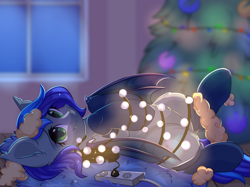 Size: 2732x2048 | Tagged: safe, artist:alphadesu, oc, oc only, oc:lunar aurora, bat pony, pony, bat pony oc, bat wings, christmas, christmas lights, christmas tree, clothes, commission, cute, cute little fangs, fangs, female, green eyes, holiday, mare, socks, solo, tangled up, tree, wings, ych result