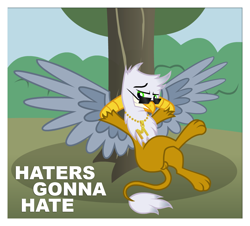 Size: 1000x904 | Tagged: safe, artist:prodius, derpibooru import, oc, oc only, griffon, grin, haters gonna hate, male, meme, quadrupedal, smiling, solo, sunglasses, tree