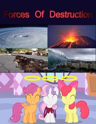 Size: 500x643 | Tagged: safe, derpibooru import, apple bloom, scootaloo, sweetie belle, cutie mark crusaders, earthquake, halo, hurricane, sweet little angels, tidal wave, tsunami, volcano