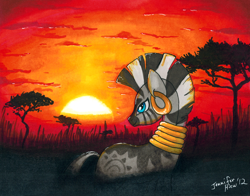 Size: 900x707 | Tagged: safe, artist:fallenzephyr, derpibooru import, zecora, silhouette, solo, sunset, traditional art