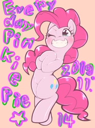 Size: 1536x2079 | Tagged: safe, artist:kurogewapony, pinkie pie, earth pony, pony, bipedal, cute, diapinkes, female, mare, one eye closed, pink background, simple background, smiling, solo, stars, wink