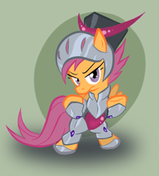 Size: 390x432 | Tagged: safe, artist:grimmlegionaire, derpibooru import, scootaloo, pegasus, armor, female, filly, orange coat, purple mane, solo