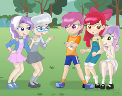 Size: 2019x1589 | Tagged: safe, artist:zorbitas, apple bloom, diamond tiara, scootaloo, silver spoon, sweetie belle, adorabullies, clothes, cute, cutie mark crusaders, dress, glasses, humanized, skirt