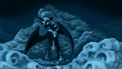 Size: 1000x567 | Tagged: safe, artist:clockworknightmare, nightmare moon, alicorn, pony, black coat, female, horn, mare, solo, wings