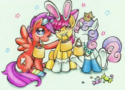 Size: 3455x2472 | Tagged: safe, artist:ooodanaooo, derpibooru import, apple bloom, scootaloo, sweetie belle, rabbit, candy, clothes, costume, cutie mark crusaders, goggles, hooves, nightmare night, princess, rainbow socks, socks, striped socks, traditional art, underhoof