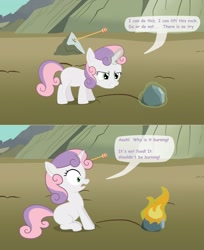 Size: 2500x3068 | Tagged: safe, artist:birdco, derpibooru import, sweetie belle, arrow, comic, epic fail, fail, fire, how, magic, physically impossible, pyro belle, rock, sweetie fail, this will end in fire