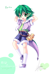 Size: 650x947 | Tagged: safe, artist:sakuranoruu, derpibooru import, spike, belt, converse, cute, humanized, moe, scroll, shoes, solo, tailed humanization