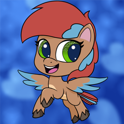 Size: 894x894 | Tagged: safe, artist:redquoz, oc, oc:allegra mazarine, bird, bird pone, pegasus, pony, my little pony: pony life, bird tail, chibi, female, flying, hooves, looking back, mare, smiling, solo, sparkly eyes, two toned wings, wings