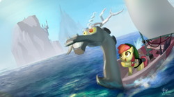 Size: 1260x707 | Tagged: safe, artist:ponyrake, apple bloom, discord, earth pony, pony, boat, canterlot, female, filly, foal, island, king of red lions, link, ocean, open mouth, parody, pointing, smiling, the legend of zelda, the legend of zelda: the wind waker