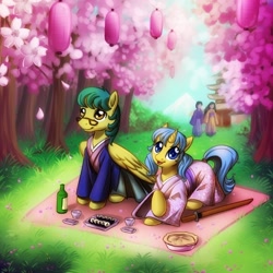 Size: 700x700 | Tagged: safe, artist:donoguad, derpibooru import, oc, oc only, human, pony, cherry blossoms, kimono (clothing)