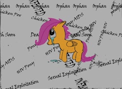 Size: 900x654 | Tagged: safe, artist:westernciv, derpibooru import, scootaloo, aids, hiv, infected, orphan, scootabuse, scootachicken