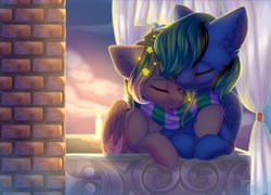 Size: 4732x3406 | Tagged: safe, artist:alphadesu, oc, oc only, oc:ender, oc:star universe, pegasus, pony, clothes, cuddling, curtains, ender's herd, ethereal mane, eyes closed, female, ledge, male, mare, romantic, scarf, sharing, stallion, starry mane, stender, sunset