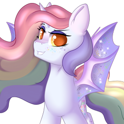 Size: 3000x3000 | Tagged: safe, artist:xcinnamon-twistx, oc, oc:candy lace, alicorn, bat pony, bat pony alicorn, pony, alicorn oc, commission, flowing mane, looking at you, pastel, proud, simple background, spread wings, transparent background, wings