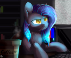 Size: 5000x4107 | Tagged: safe, artist:alphadesu, oc, oc only, oc:dawn sentry, bat pony, pony, coffee cup, cup, dyed mane, female, hacker, keyboard, solo