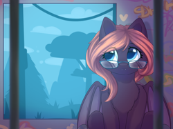 Size: 2732x2048 | Tagged: safe, artist:alphadesu, oc, oc:silhouette lune, bat pony, bat pony oc, bat wings, blue eyes, fangs, glasses, grafiti, pink mane, purple coat, solo, train, wings