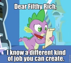 Size: 436x386 | Tagged: safe, derpibooru import, edit, edited screencap, screencap, filthy rich, spike, dragon, friendship is magic, caption, image macro, letter, male, quill, spike's love letters, tongue out