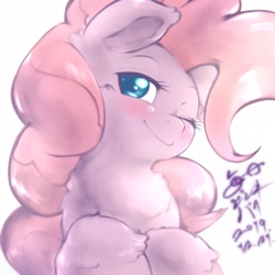 Size: 2048x2048 | Tagged: safe, artist:kurogewapony, pinkie pie, earth pony, pony, bust, chest fluff, cute, diapinkes, female, high res, mare, one eye closed, simple background, solo, unshorn fetlocks, white background, wink