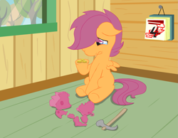 Size: 1325x1030 | Tagged: safe, artist:mrponiator, derpibooru import, scootaloo, bits, crying, hammer, piggy bank, sad, solo