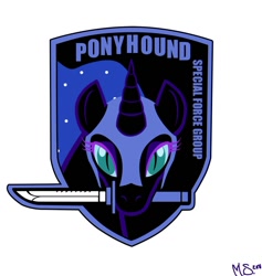 Size: 900x949 | Tagged: safe, artist:omegaphoenix128, nightmare moon, foxhound, knife, konami, logo, metal gear, mouth hold, parody, weapon