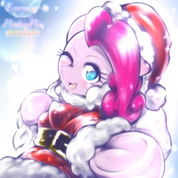 Size: 1536x1536 | Tagged: safe, artist:kurogewapony, pinkie pie, earth pony, pony, christmas, clothes, costume, cute, diapinkes, female, hat, holiday, mare, one eye closed, santa costume, santa hat, solo, wink