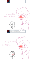 Size: 1144x1998 | Tagged: safe, artist:tails-doll-lover, rumble, scootaloo, ask, blushing, female, male, rumbloo, shipping, straight, teenage crusaders answers, teenager, tumblr