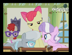 Size: 1052x810 | Tagged: safe, artist:drax99, derpibooru import, screencap, apple bloom, diamond tiara, silver spoon, twist, out of context