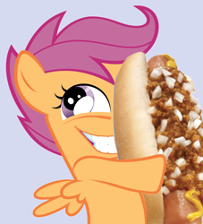 Size: 852x937 | Tagged: safe, scootaloo, pegasus, female, filly, hot dog, orange coat, purple mane, solo