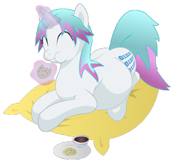 Size: 8700x8100 | Tagged: safe, artist:xniclord789x, oc, oc only, oc:netrunner, absurd resolution, cookie, pillow, pregnant, simple background, transparent background