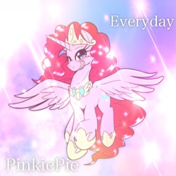 Size: 1536x1536 | Tagged: safe, artist:kurogewapony, idw, pinkie pie, alicorn, pony, spoiler:comic, alicornified, crown, cute, diapinkes, female, flying, hoof shoes, jewelry, mare, one eye closed, peytral, pinkiecorn, princess of chaos, race swap, regalia, sky, smiling, solo, spread wings, wings, wink, xk-class end-of-the-world scenario