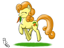 Size: 1024x768 | Tagged: safe, artist:ravenousdrake, derpibooru import, carrot top, golden harvest, carrot, cute, cutie top, mouth hold, prancing, solo