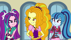 Size: 1366x768 | Tagged: safe, screencap, adagio dazzle, aria blaze, sonata dusk, equestria girls, rainbow rocks, confused, crossed arms, eyebrows, gritted teeth, looking at each other, smiling, smirk, the dazzlings