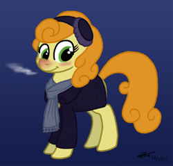 Size: 552x527 | Tagged: safe, artist:zicygomar, derpibooru import, carrot top, golden harvest, clothes, coat, earmuffs, scarf, solo, winter outfit