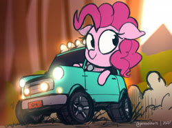 Size: 2214x1644 | Tagged: safe, artist:perezadotarts, pinkie pie, earth pony, pony, car, chibi, digital art, dust cloud, mini cooper, smiling, solo, tree