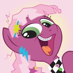 Size: 10000x10000 | Tagged: safe, artist:juniberries, derpibooru import, cheerilee, 80s, 80s cheerilee, absurd resolution, braces, cheeribetes, cute, female, green eyes, happy, looking at you, open mouth, pink background, reaction image, simple background, smeel, smiling, smiling at you, solo