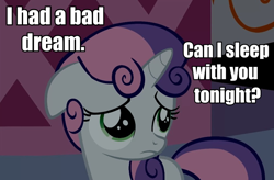 Size: 908x596 | Tagged: safe, sweetie belle, bronybait, caption, cute, image macro, sad