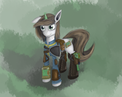 Size: 2500x2000 | Tagged: safe, artist:pantzar, derpibooru import, oc, oc only, oc:littlepip, pony, unicorn, fallout equestria, abstract background, clothes, cutie mark, fanfic, fanfic art, female, glowing horn, gun, handgun, holster, hooves, horn, little macintosh, magic, mare, optical sight, pipbuck, revolver, smiling, solo, vault suit, weapon