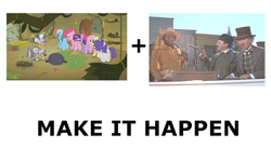 Size: 680x371 | Tagged: safe, derpibooru import, edit, edited screencap, screencap, bridle gossip, all caps, blazing saddles, exploitable meme, flutterguy, gun, hairity, handgun, make it happen, meme, pot, revolver, spitty pie, twilight flopple