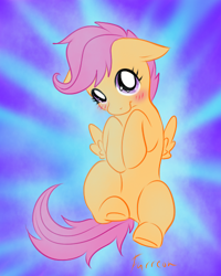 Size: 400x500 | Tagged: safe, artist:furreon, derpibooru import, scootaloo, blushing, cute, cutealoo, solo