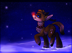 Size: 1600x1172 | Tagged: safe, artist:imalou, derpibooru import, deer, pony, reindeer, night, ponified, rudolph, rudolph the red nosed reindeer, snow, solo, winter