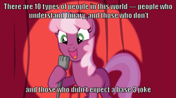 Size: 1065x597 | Tagged: safe, derpibooru import, cheerilee, earth pony, pony, binary, cheerilee pun, curtain, exploitable meme, female, green eyes, image macro, mare, meme, microphone, open mouth, pun, smiling, solo, spotlight, stand-up comedy, text, two toned mane, two toned tail