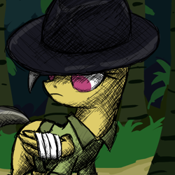 Size: 800x800 | Tagged: safe, artist:stridah, daring do, bandage, hat, injured, solo