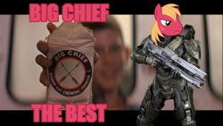 Size: 850x480 | Tagged: safe, derpibooru import, big macintosh, earth pony, pony, angry, armor, big chief, chief, crossover, frown, funny, gun, halo (series), image macro, male, master chief, parody, powered exoskeleton, sierra, stallion, the sandlot, weapon