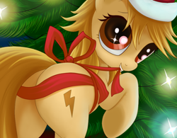 Size: 894x696 | Tagged: safe, artist:rainbow, derpibooru import, oc, oc only, oc:2ch-pony, earth pony, pony, 2ch, christmas, christmas tree, female, hat, holiday, looking at you, looking back, looking back at you, mare, mascot, mouth hold, plot, presenting, raised hoof, rear view, ribbon, santa hat, solo, tree