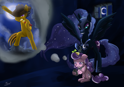 Size: 1000x707 | Tagged: safe, artist:moonsango, derpibooru import, nightmare moon, screwball, oc, chains, collar, dynamite